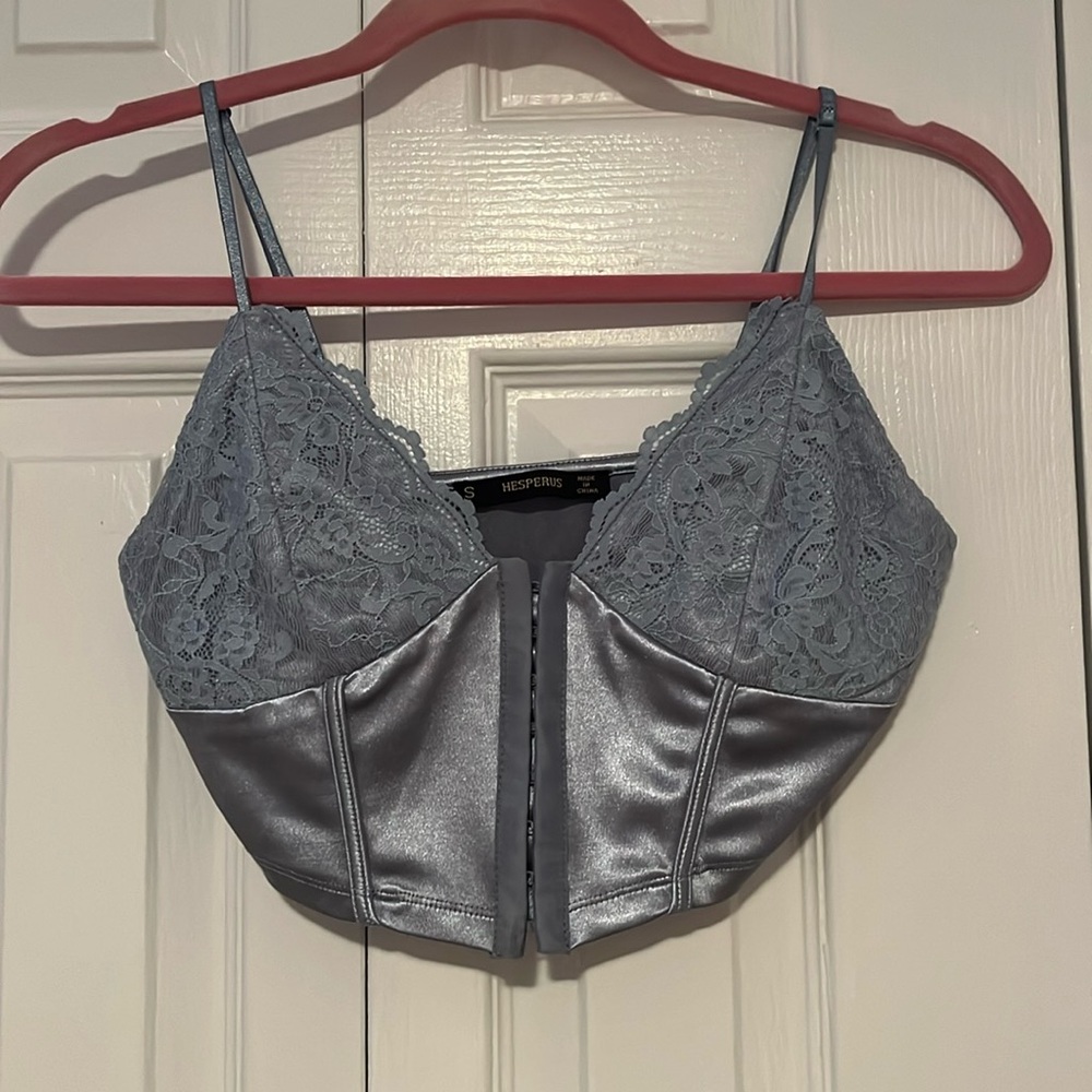 Blue lace and metallic corset crop top